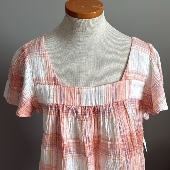 NWT!! Caslon - Stripe Cotton Popover Top In Ivory- Coral Nora Plaid - Medium - Picture 3 of 8